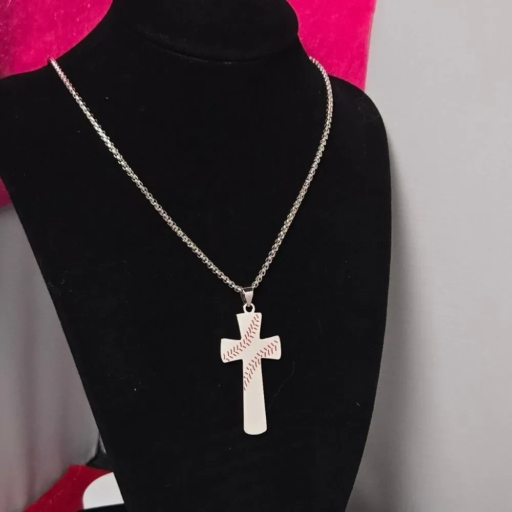 Baseball Cross Necklace Philippians 4:13 Stainless Steel 24